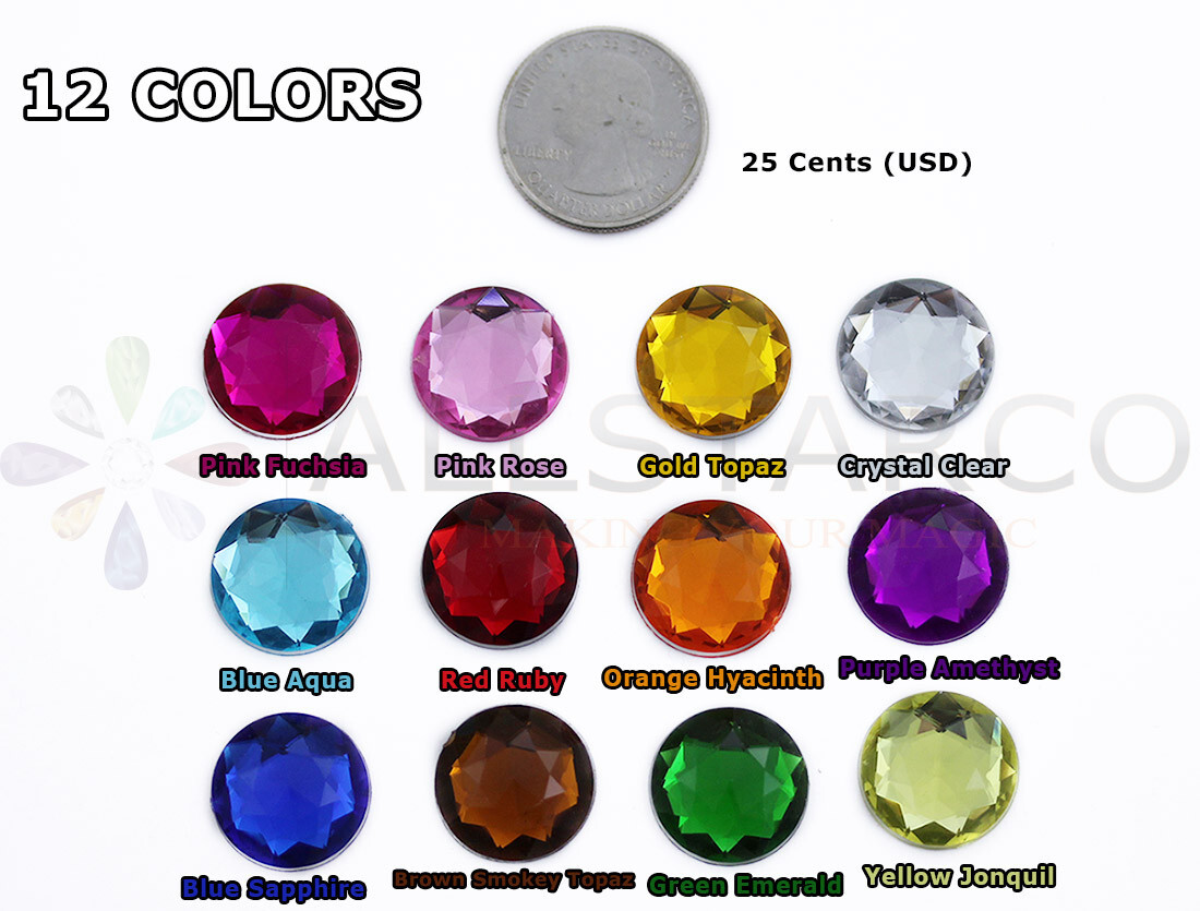 18mm Assorted 12 Colors Flat Back Acrylic Round Gems Rhinestones – 120 Pieces