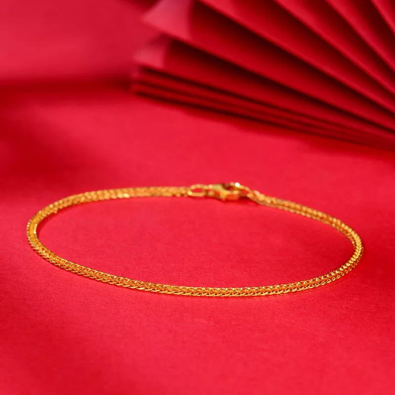 Pure 999 24K Yellow Gold Chain 1mm Lucky Thin Wheat Link Bracelet 1-1.3g 6.7in