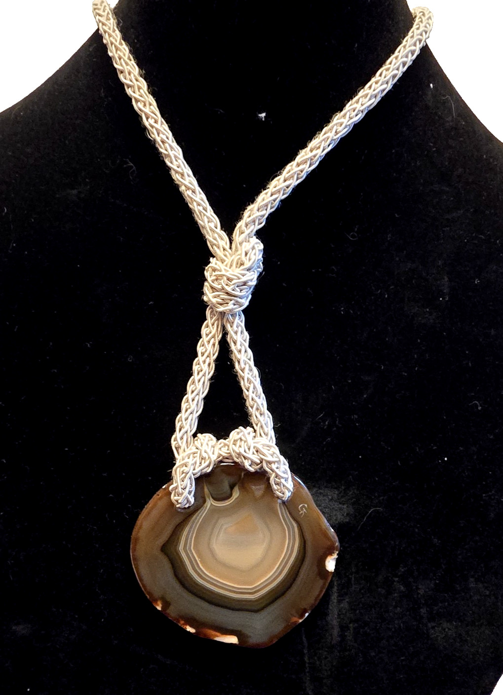 Natural Banded Agate Slice Pendant Necklace Polished Stone on Braided Cord Boho