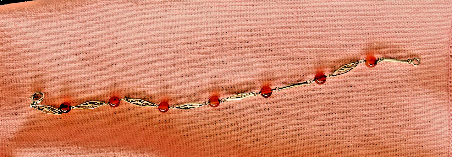Dainty 10K White Gold Spessartine Garnet Bead Filigree Link Bracelet Vintage