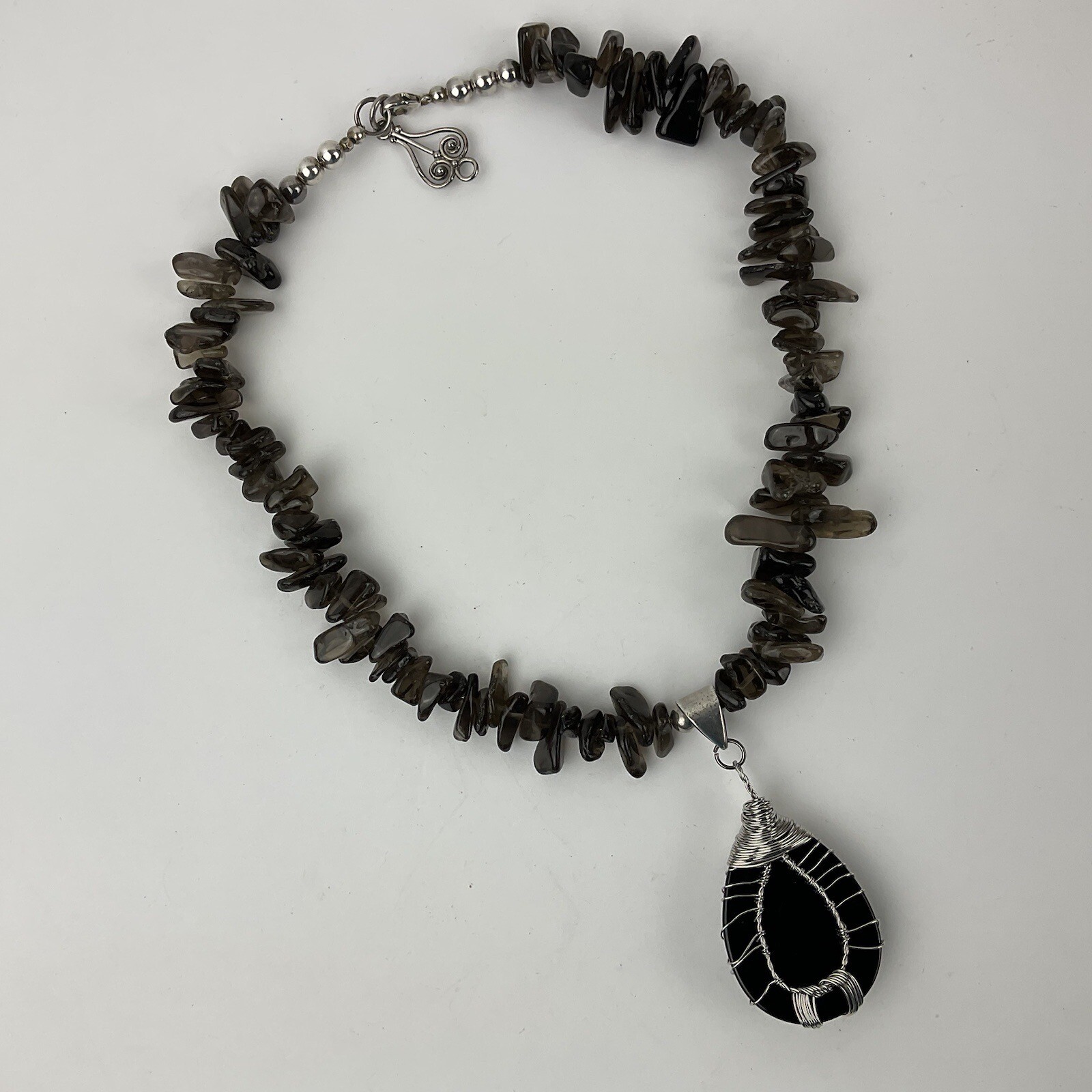 Artisan Obsidian Tree of Life Sterling Wrapped Pendant Smokey Quartz Necklace