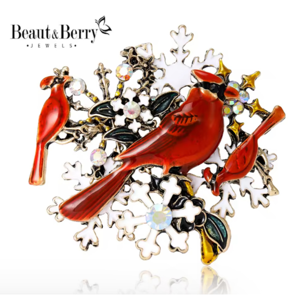 Luxury Red Cardinal Bird Brooch Pin – Rhinestone Christmas Holiday Jewelry Gift