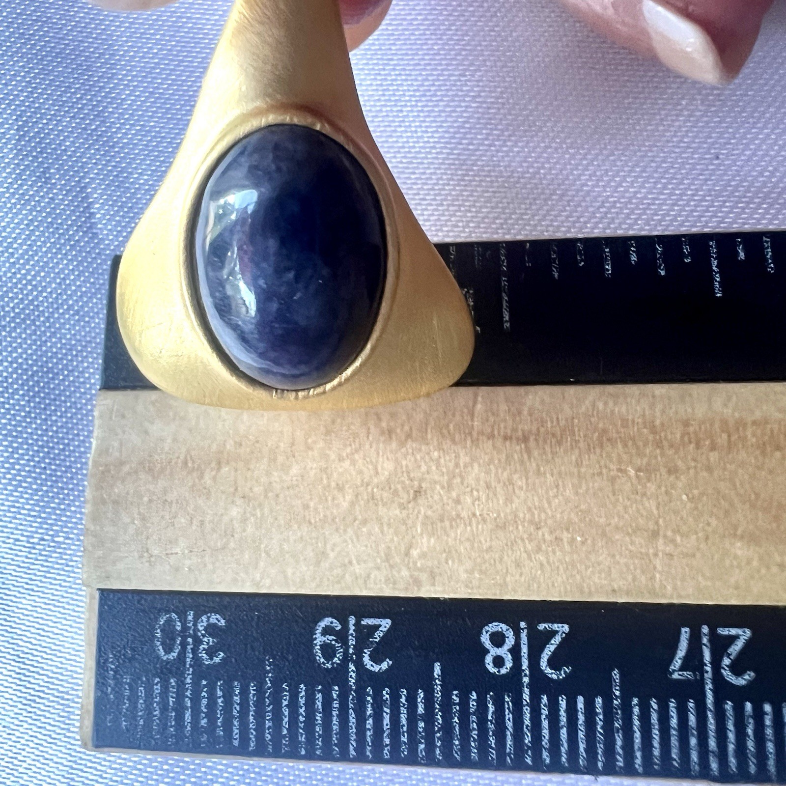 Vintage Robert Rose Signed Matte Gold Tone Blue Cabochon Clip On Dangle Earrings