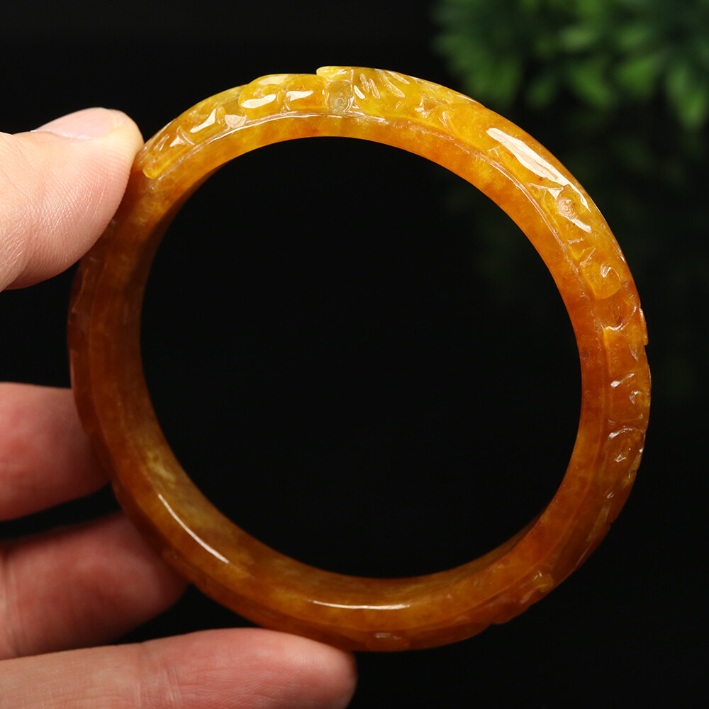 61mm Yellow Brown Jadeite Jade Bracelet Bangle Bat Lotus Burma Jade A-11767