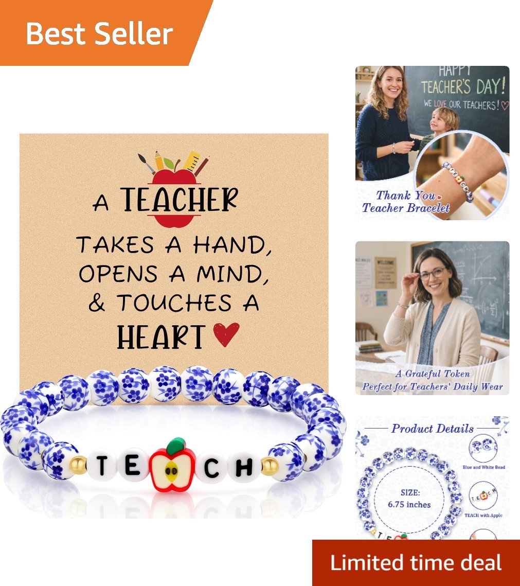 Elegant Teacher Charm Bracelet with Porcelain Beads – Perfect Gift for Educators