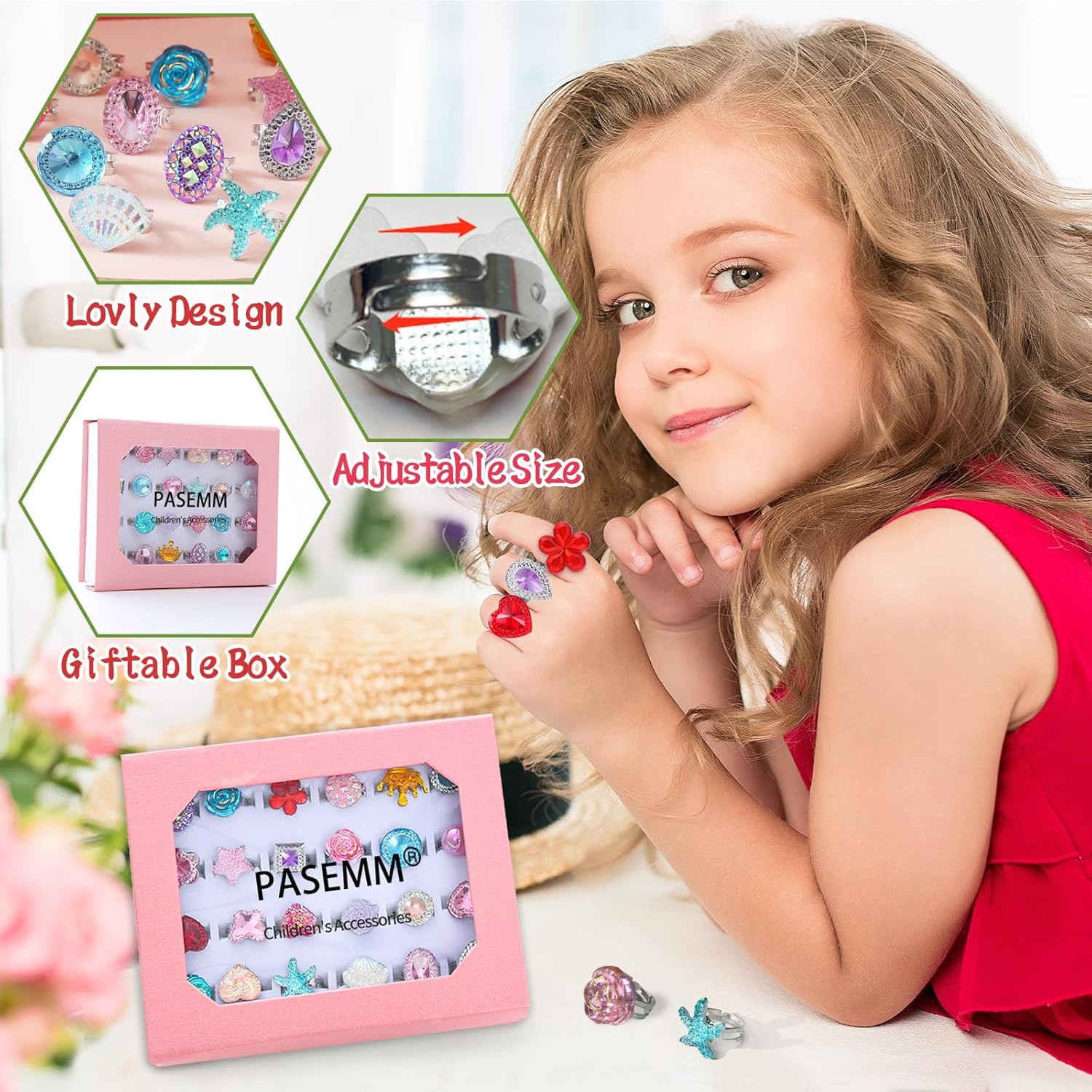 24pcs Little Girl Jewel Rings, Adjustable, No Duplication Kids Play Ring in Box,
