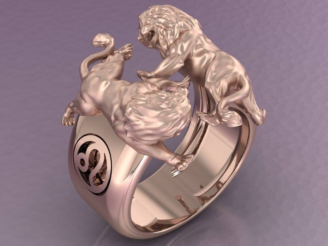 Moderately Included n/a Gold Over Lion Ring 925 Solid Yellow Gold