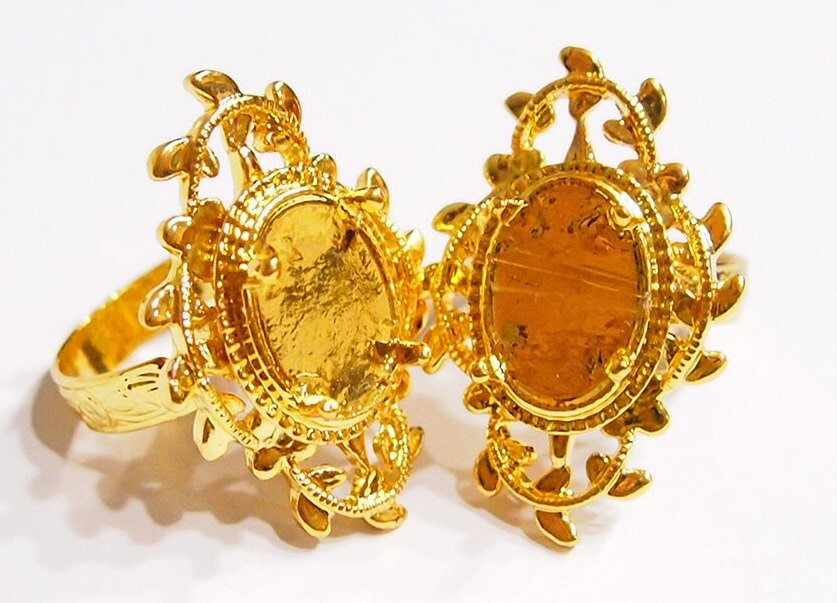 6 – 14x10mm Shiny Gold Victorian Deco Loop & Leaves Adjustable Ring Settings