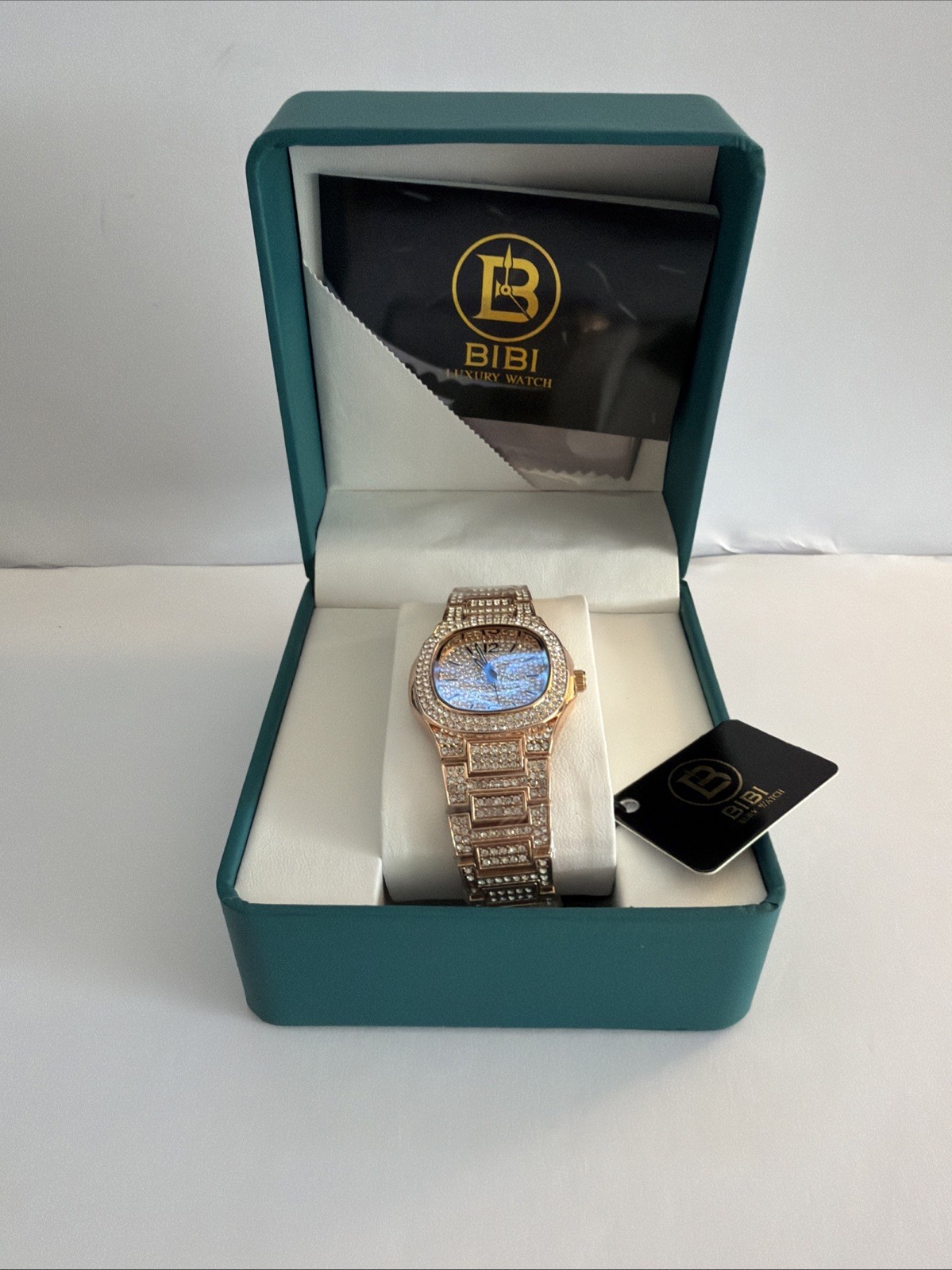 BIBI Luxury Watch Rose Gold Iced Out Cushion Silver Dial Quartz Bracelet Box