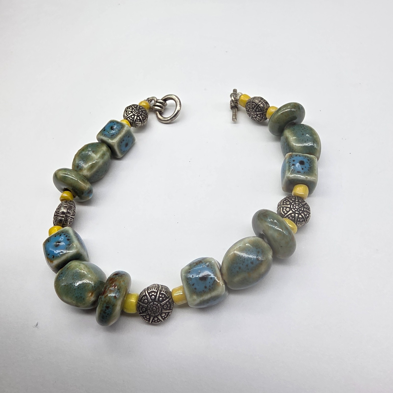 Blue Green Brown Yellow Ceramic Glass Beaded Silver Tone Metal Bracelet Vintage