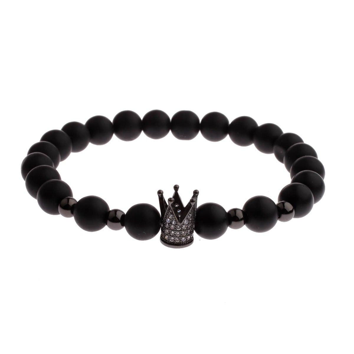 Gorgeous Crown Natural Stone Matte Black Charm Men’s CZ Copper Bead Bracelet