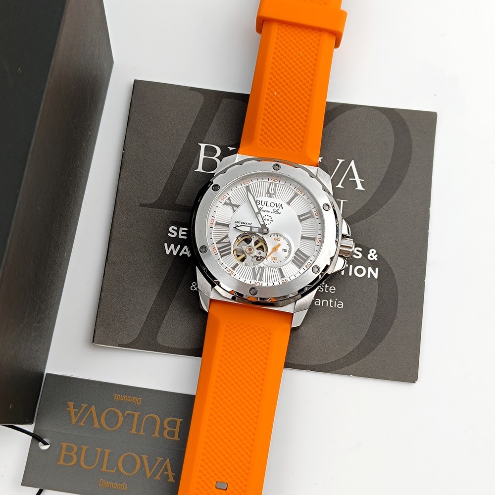 Bulova Marine Star Series A 98A226 Orange Silicone Strap Men’s Automatic Watch