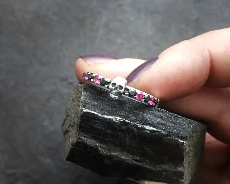 2 Ct Round Cut Simulated Pink Ruby Women’s Skull Band Ring 14K White Gold Plated