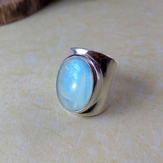 Solid 925 Sterling Silver Natural Rainbow Moonstone Gemstone Men’s Unisex Ring