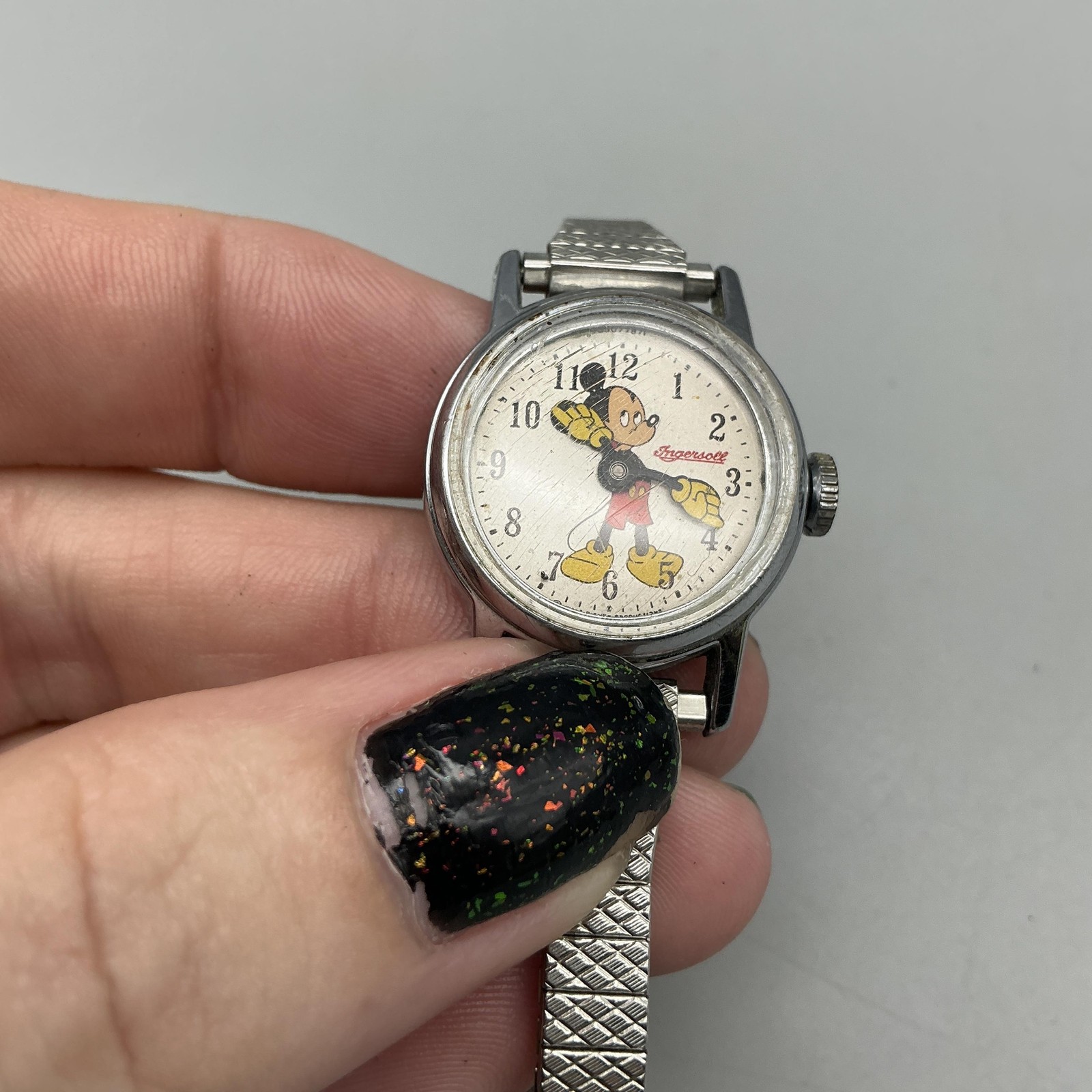 Vtg Ingersoll Mickey Mouse Womens Watch 24mm Silver Tone Manual Stretch Band