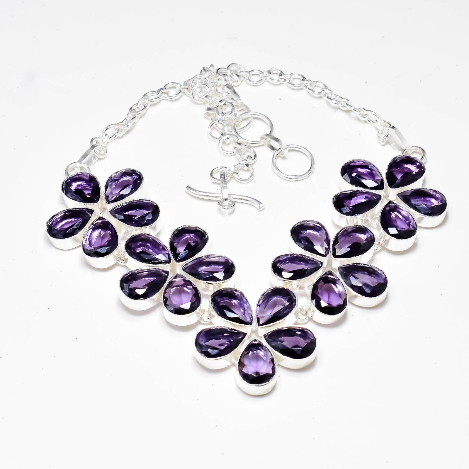 925 Sterling Silver Purple Amethyst Gemstone Handmade Jewelry Necklace Size-18
