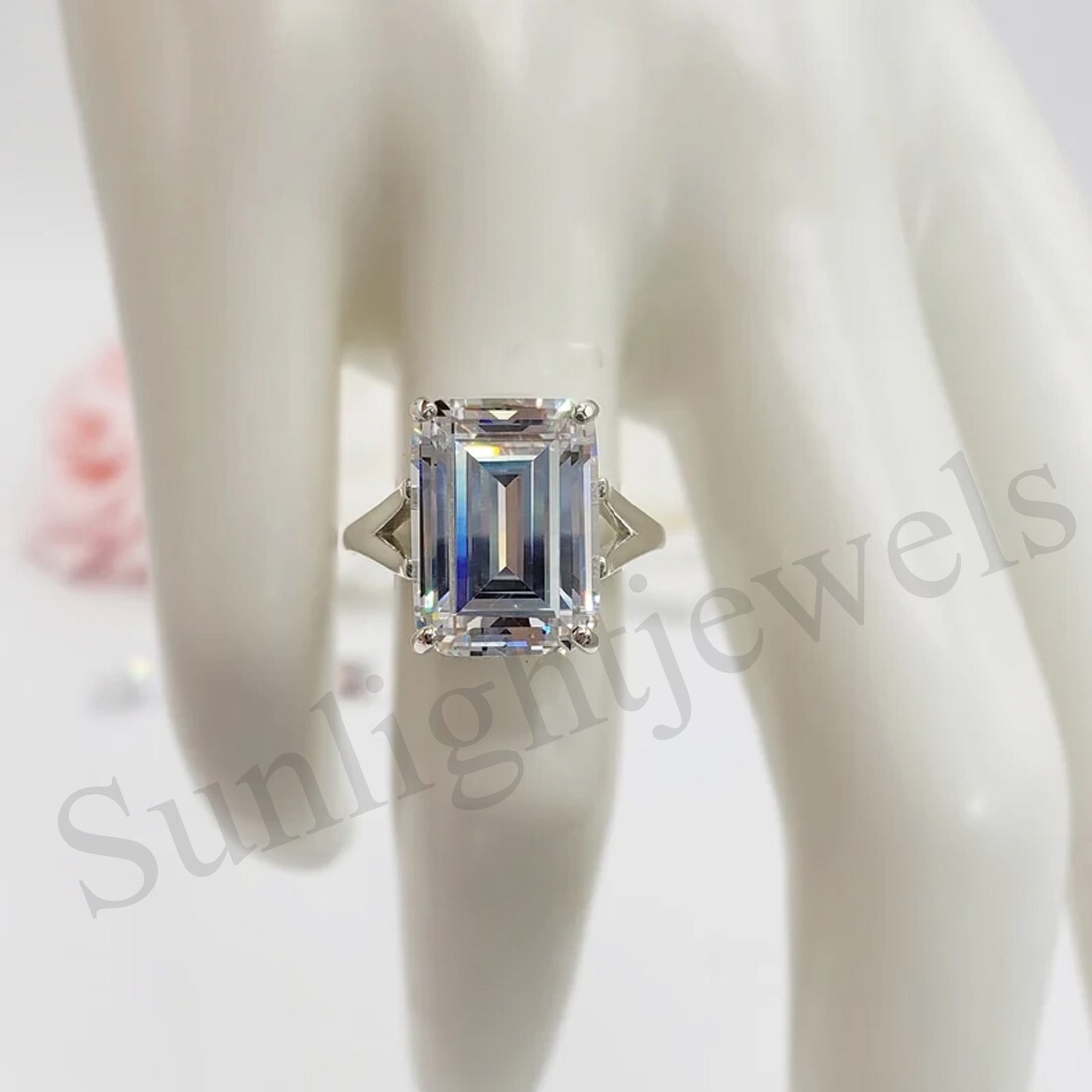 RARE 12.30 Ct Off White Emerald Cut Treated Diamond Ring 925 Sterling Silver