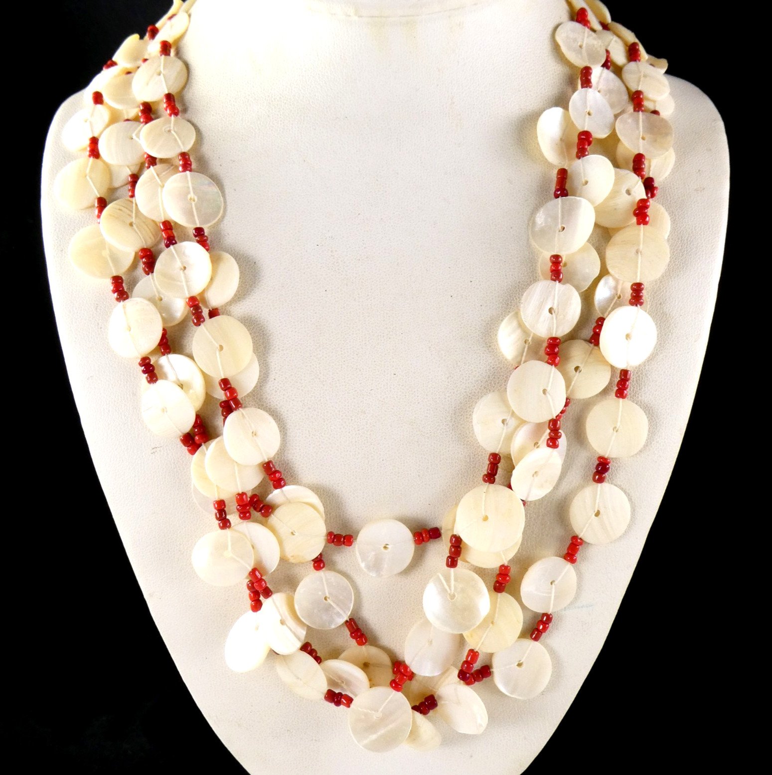 Vintage MOP Shell Disc Button Necklace Multi Strand w/ Coral Seed Beads LOVELY!