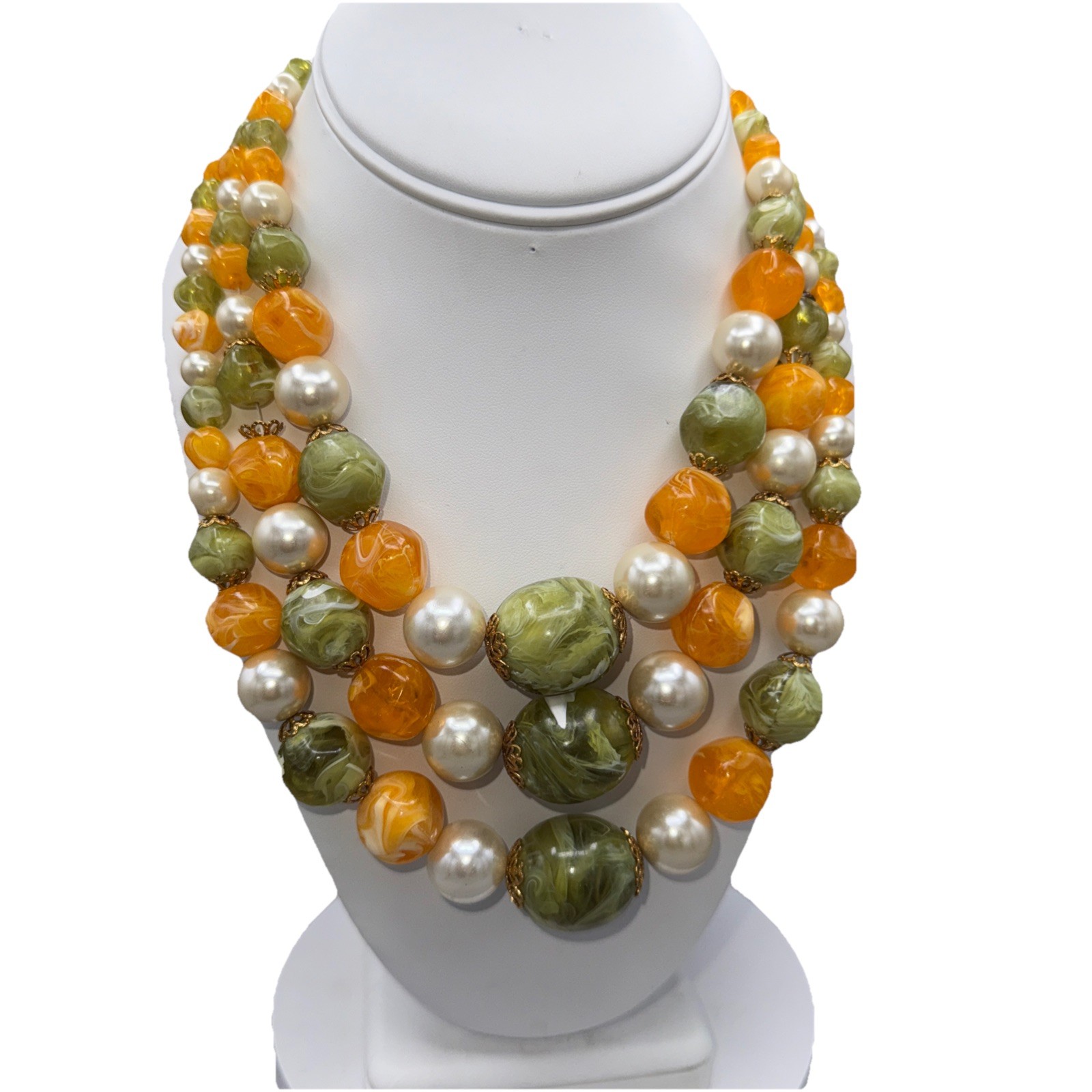 Vintage 3 Strand Yellow Green Pearl Lucite Acrylic Necklace 14”,16”,18” Loose