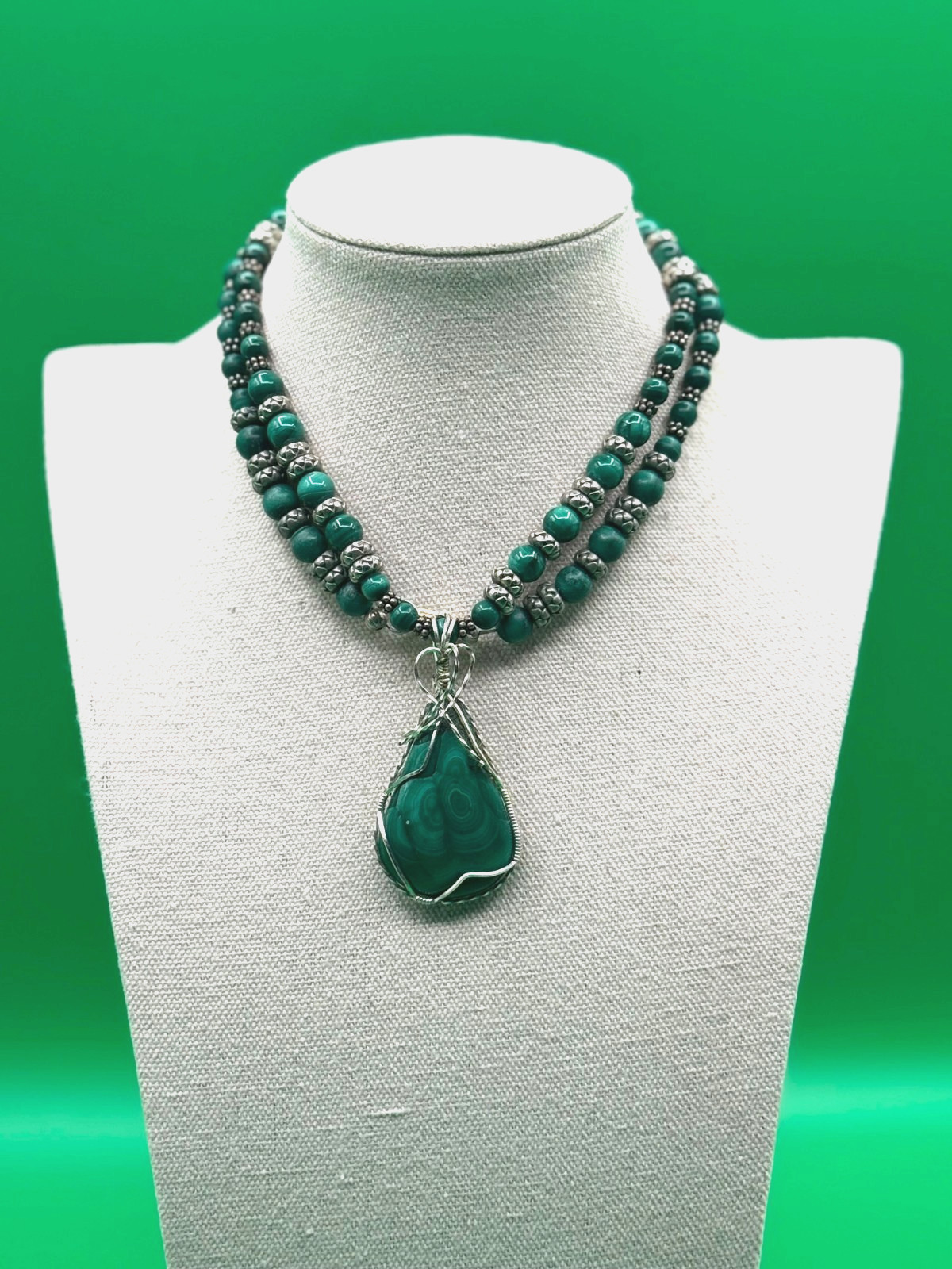 Malachite and sterling wire wrapped pendant necklace handcrafted 28 in 140 gm