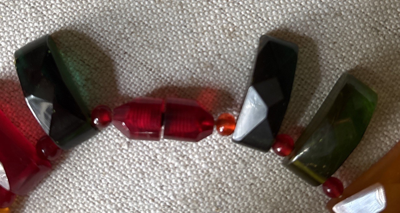 Vintage Tested Bakelite Faceted Geometric Necklace Red Green Amber 16” Lucite Sp
