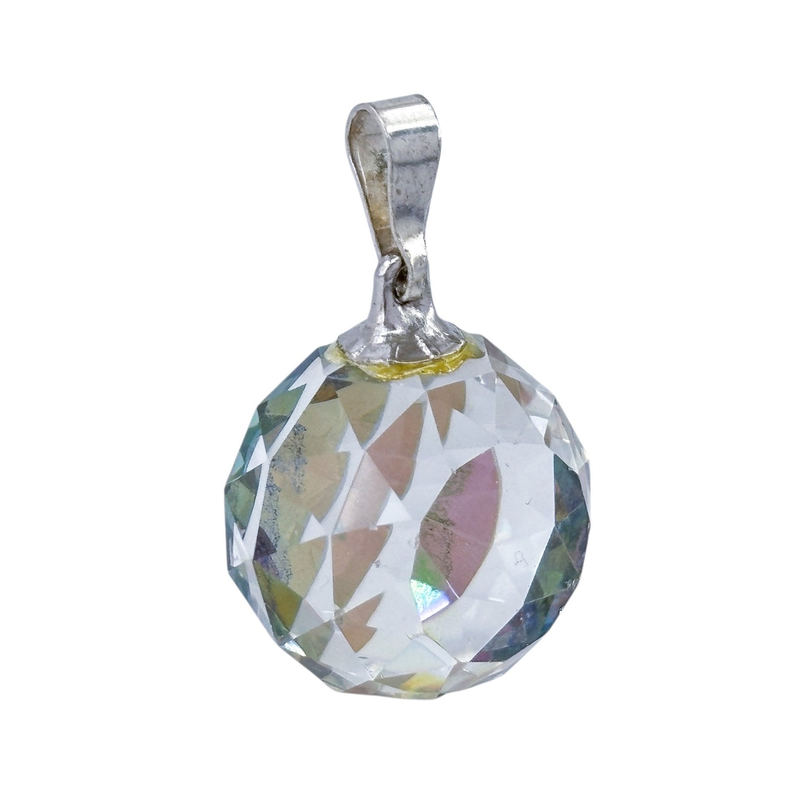 Faceted Aurora Borealis Crystal Pendant | Sterling Silver 925 Round Prism Charm