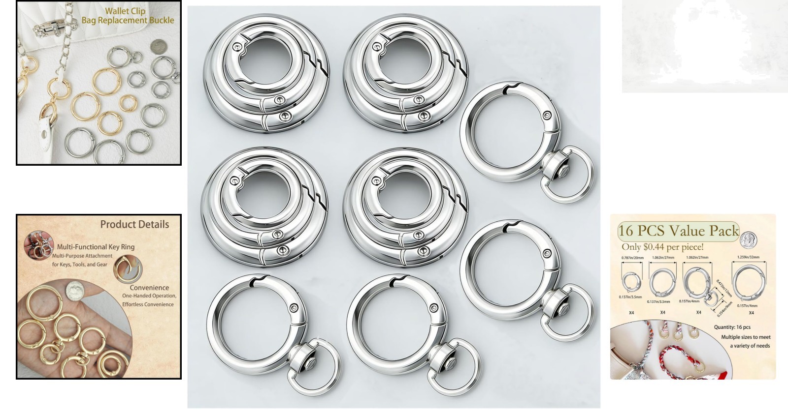 16PCS Metal Spring O Ring Set Assorted Sizes Silver Zinc Carabiner Keychain C…