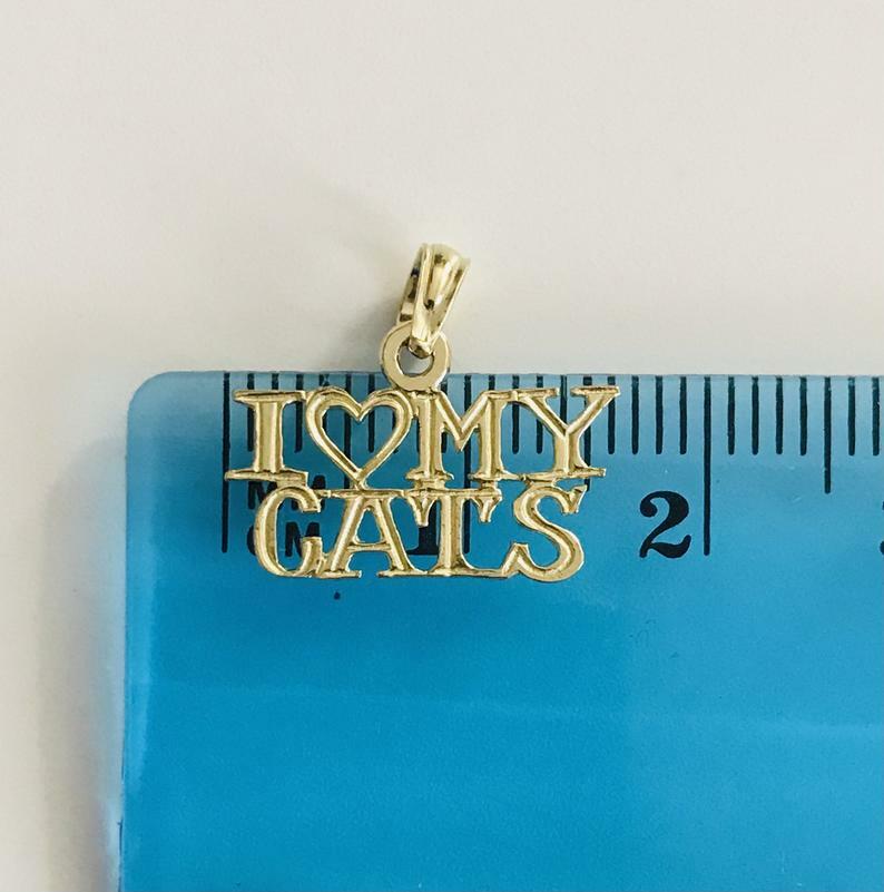 10K Solid Gold I Love My Cats Charm-14mm x 16mm Small 10K Gold Cat Pendant-C3520