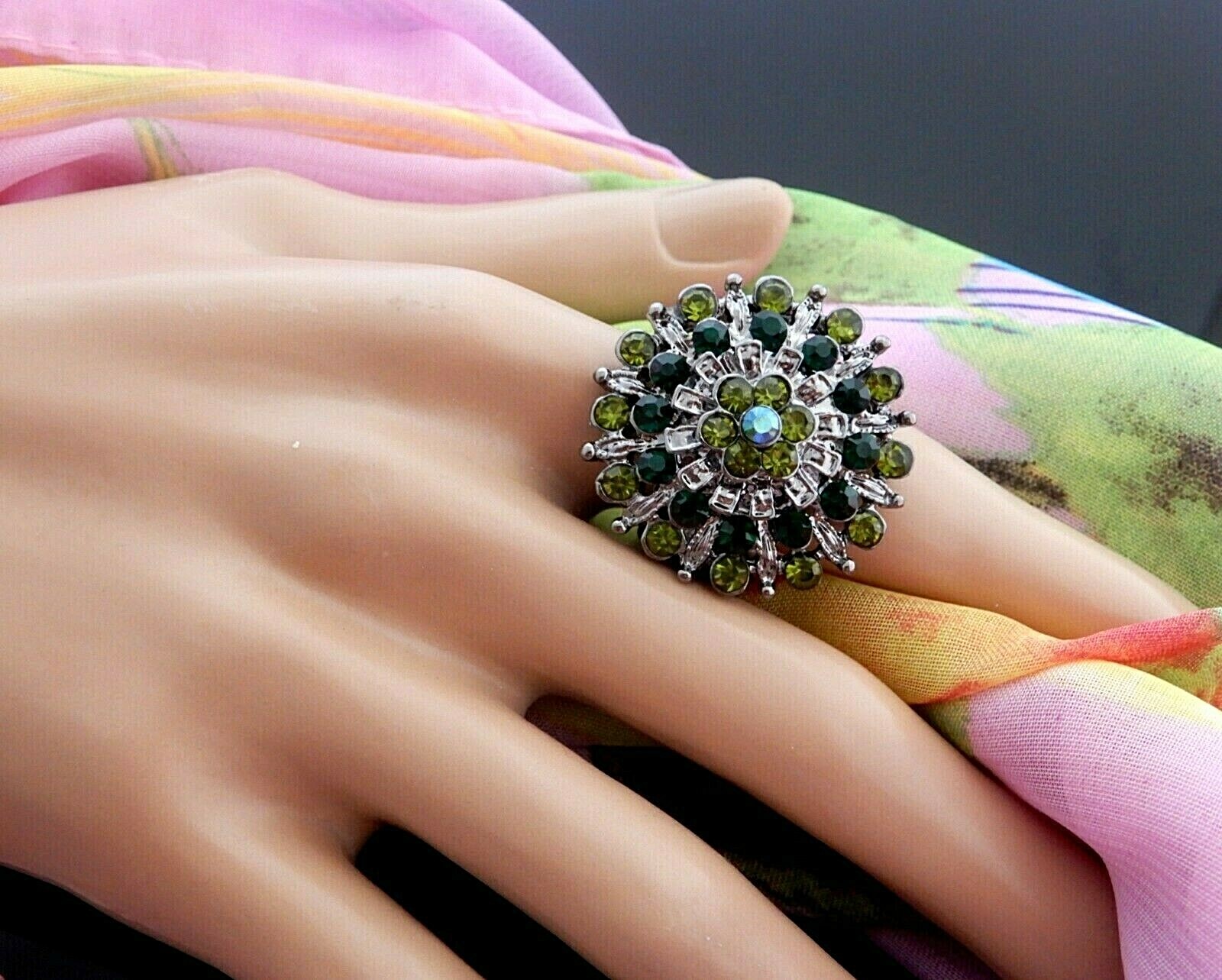 Green Crystal Rhinestone Statement Ring – Stretch Silver Cocktail Cha Cha Flowe