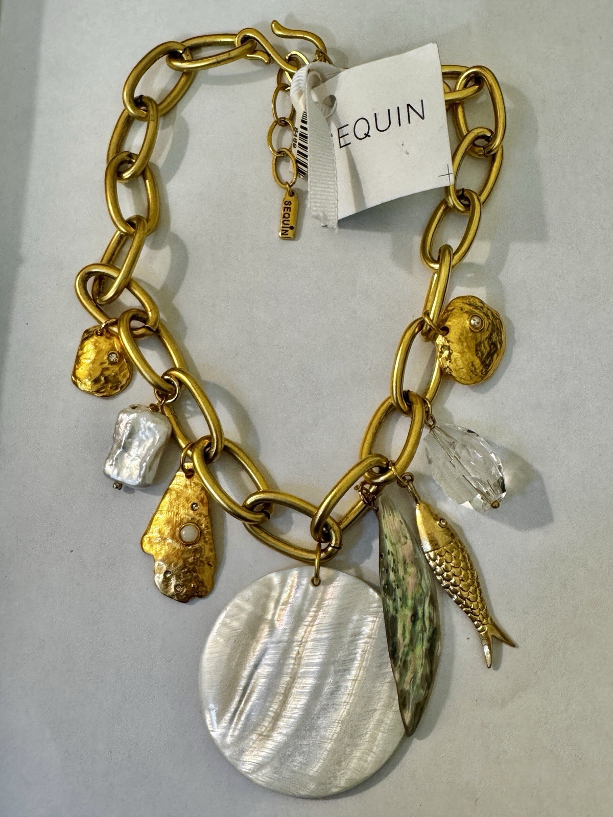 Sequin Gold Tone Link Chain Crystal Charm Necklace Mother of Pearl Shell Disc