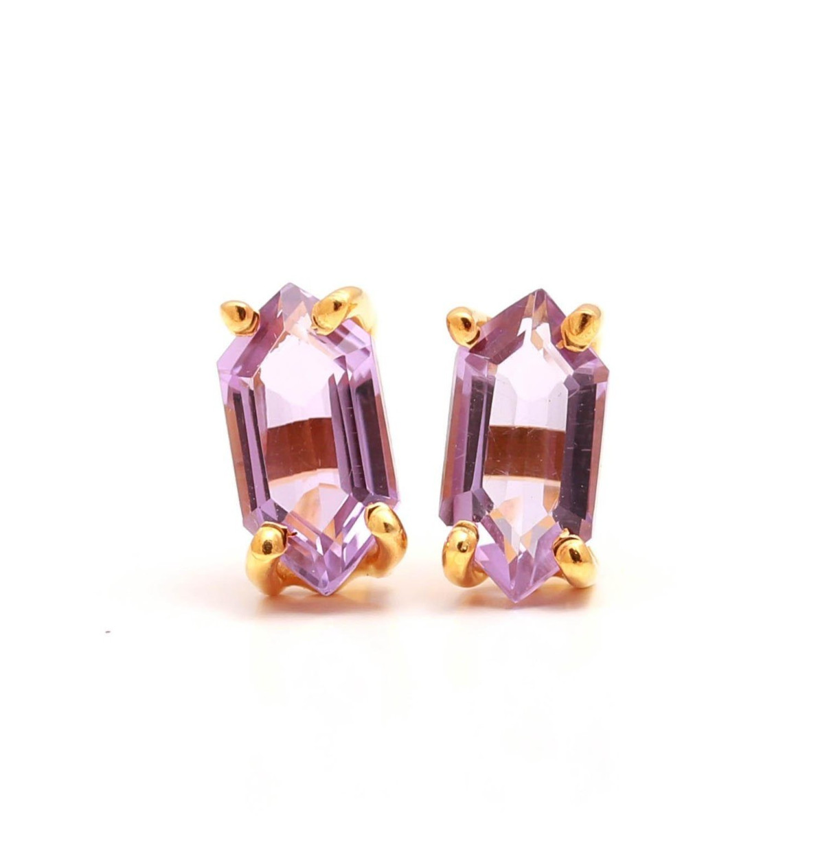Natural Pink Amethyst Hexagon Stud Earring Gold Fill 925 Sterling Silver Jewelry