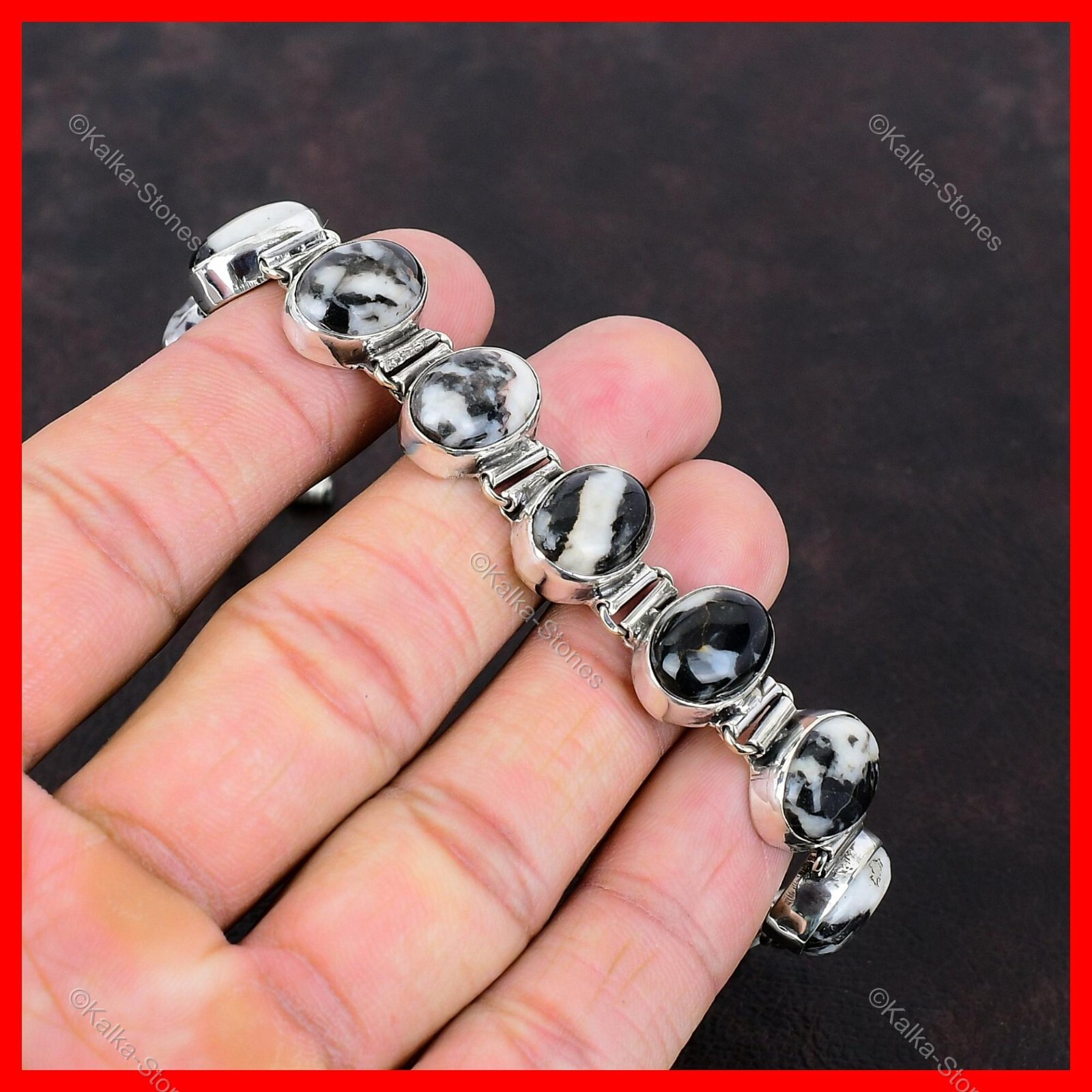 925 Sterling Silver White Buffalo Turquoise Stone Chain Bezel Bracelet Jewelry