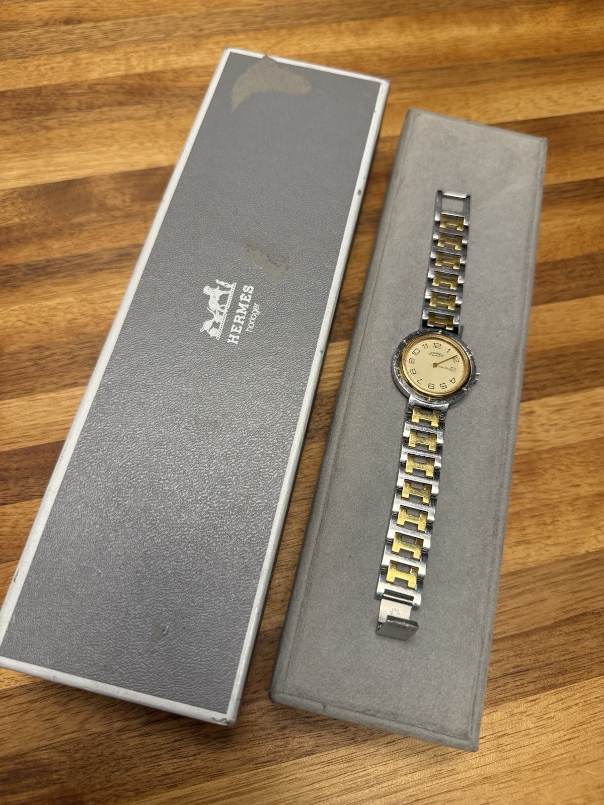 Hermes Clipper Watch Two Tone 30mm With Box Stainless Steel Ladies Authentic