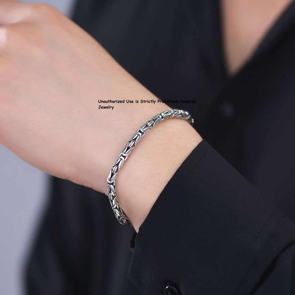 Pure S925 Sterling Silver Chain Men Women 4mm Byzantine Link Bracelet 6.7-8.7inL
