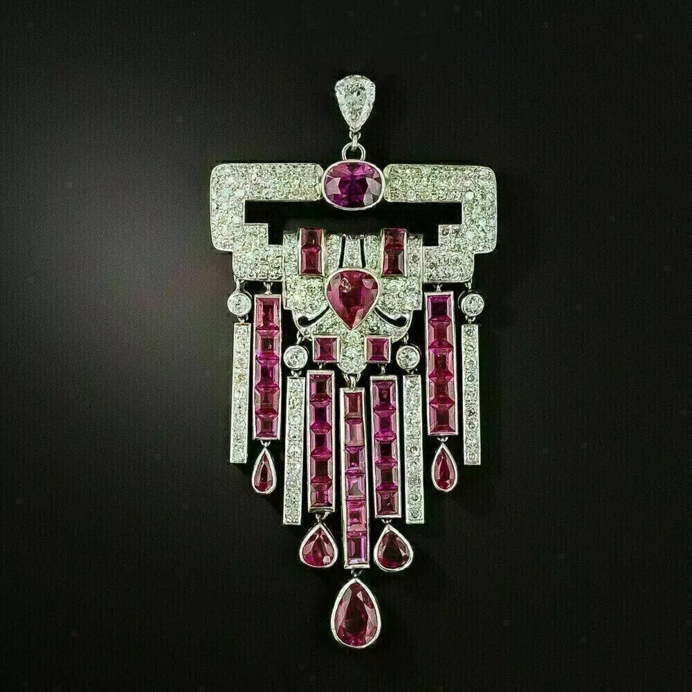 Art Deco Vintage Ruby & Lab Created Diamond 14K White Gold FN Engagement Pendant