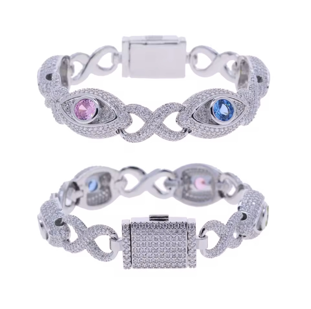 3CT Lab Created Diamond Pink Blue Paved Evil Eye Link Infinite Chain Bracelet