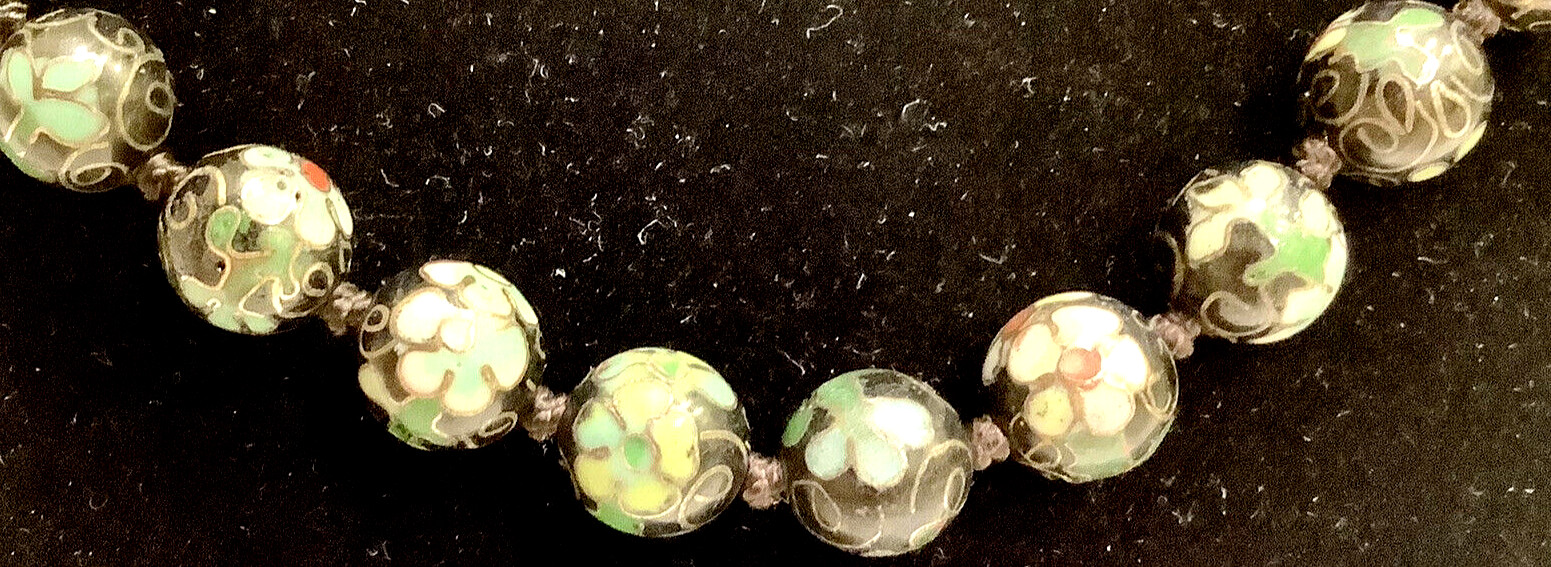 CLOISONNÉ Knotted Necklace Vintage Asian Beads 23” 1950’s