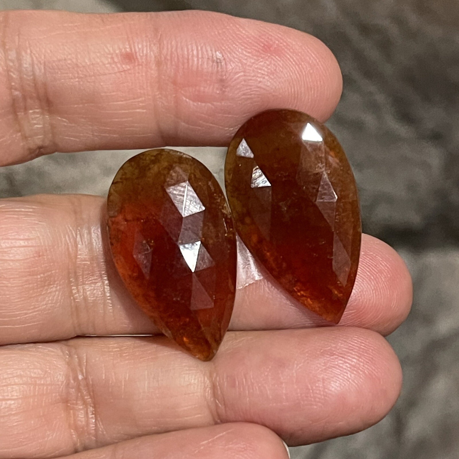 37.5ct 28x16x4.5mm Pair Fine Rose Cut Flat Back Hessonite Garnet Drop Cabochons