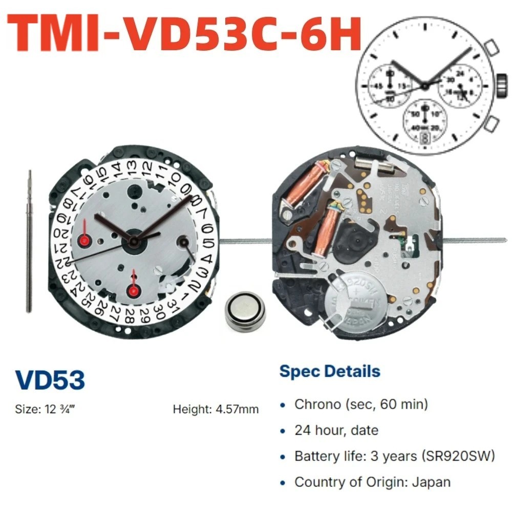 TMI Seiko VD53C Chronograph Movement Choice of Date Position 3, 4.5 or 6 O’Clock