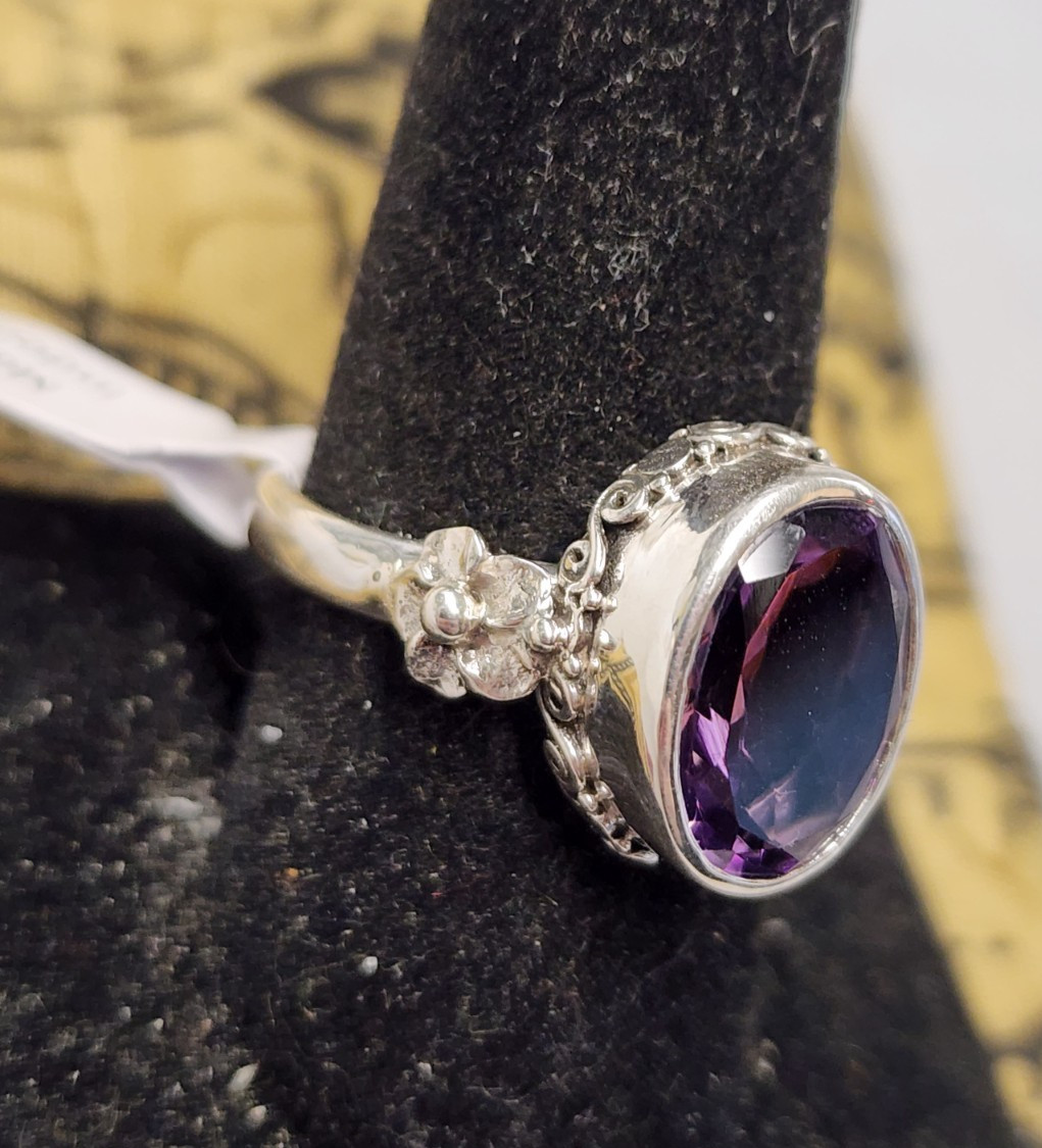 Frangipani Allure Floral Sterling Silver and Amethyst Ring sz 10