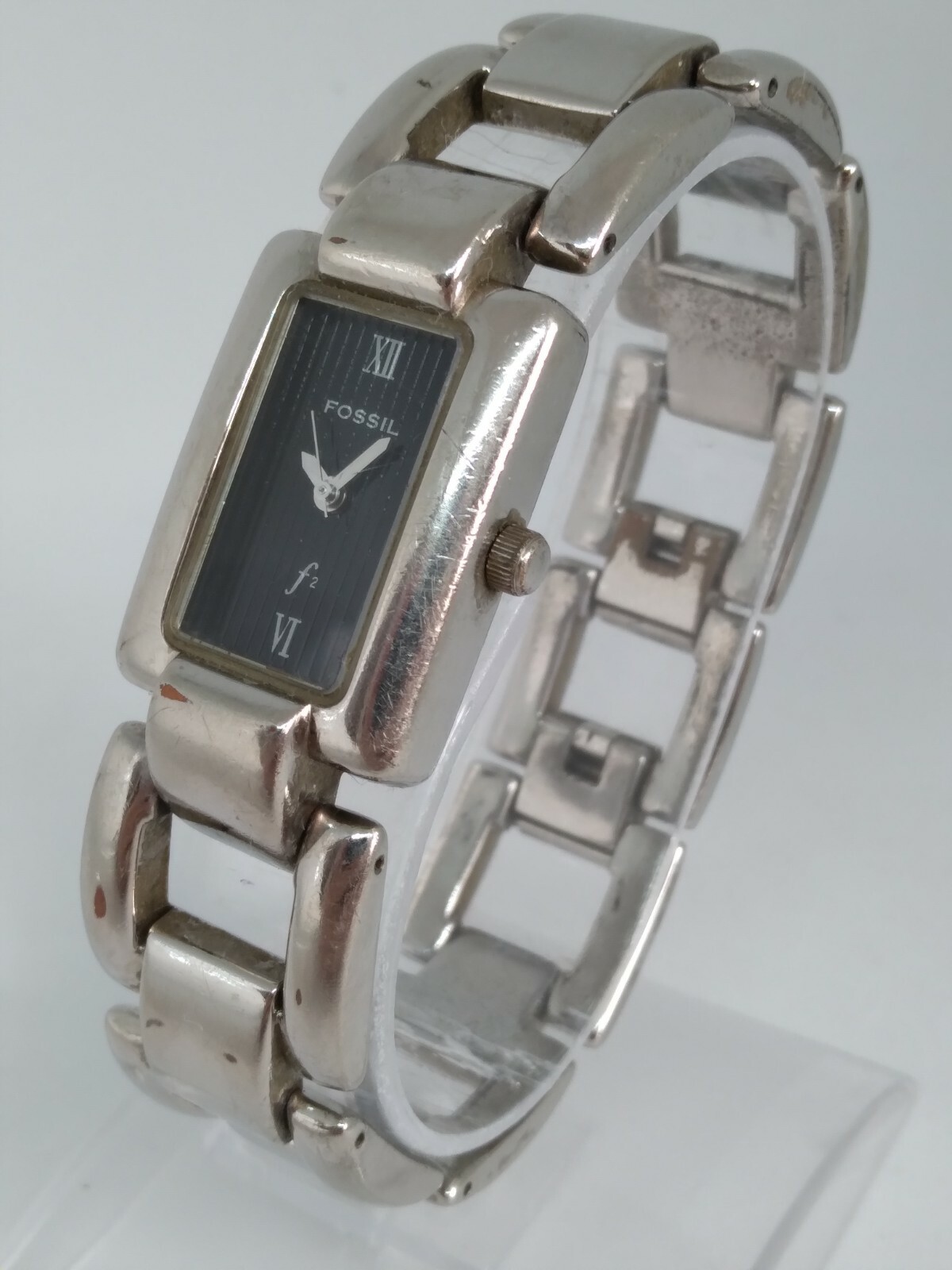 Fossil f2 ES-8843 Women’s 19mm x 26mm Silver Tone Black Dial Watch NEW BATTERY