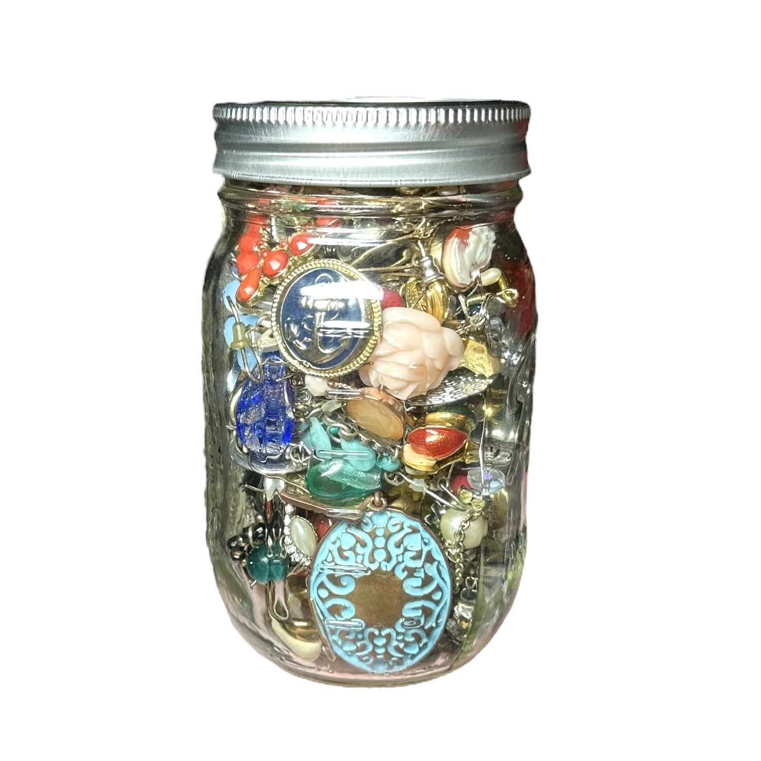 1+Lb Full (1) Ball Mason Jar Mystery Lot All Wearable Jewelry GUC Necklaces Etc.