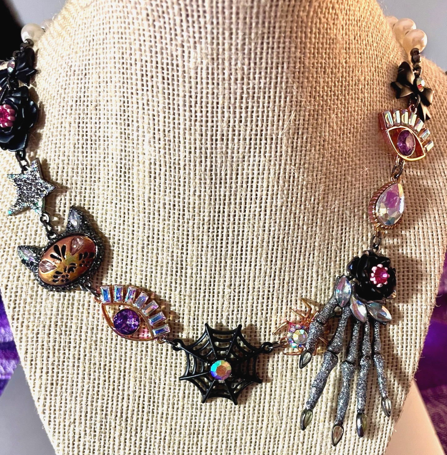 NEW Betsey Johnson Skelton Hand Cat Spiderweb Evil Eye Flower Charm Necklace