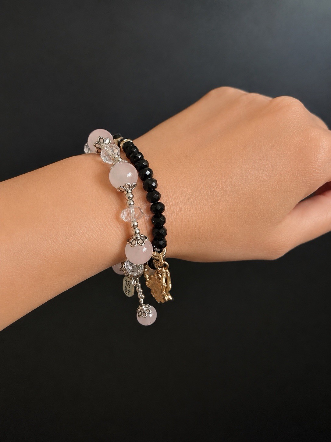 Set of 2 – Black w/ Hamsa, Eye & Elephant Charm & Pink/Lt Blue Beaded Bracelets