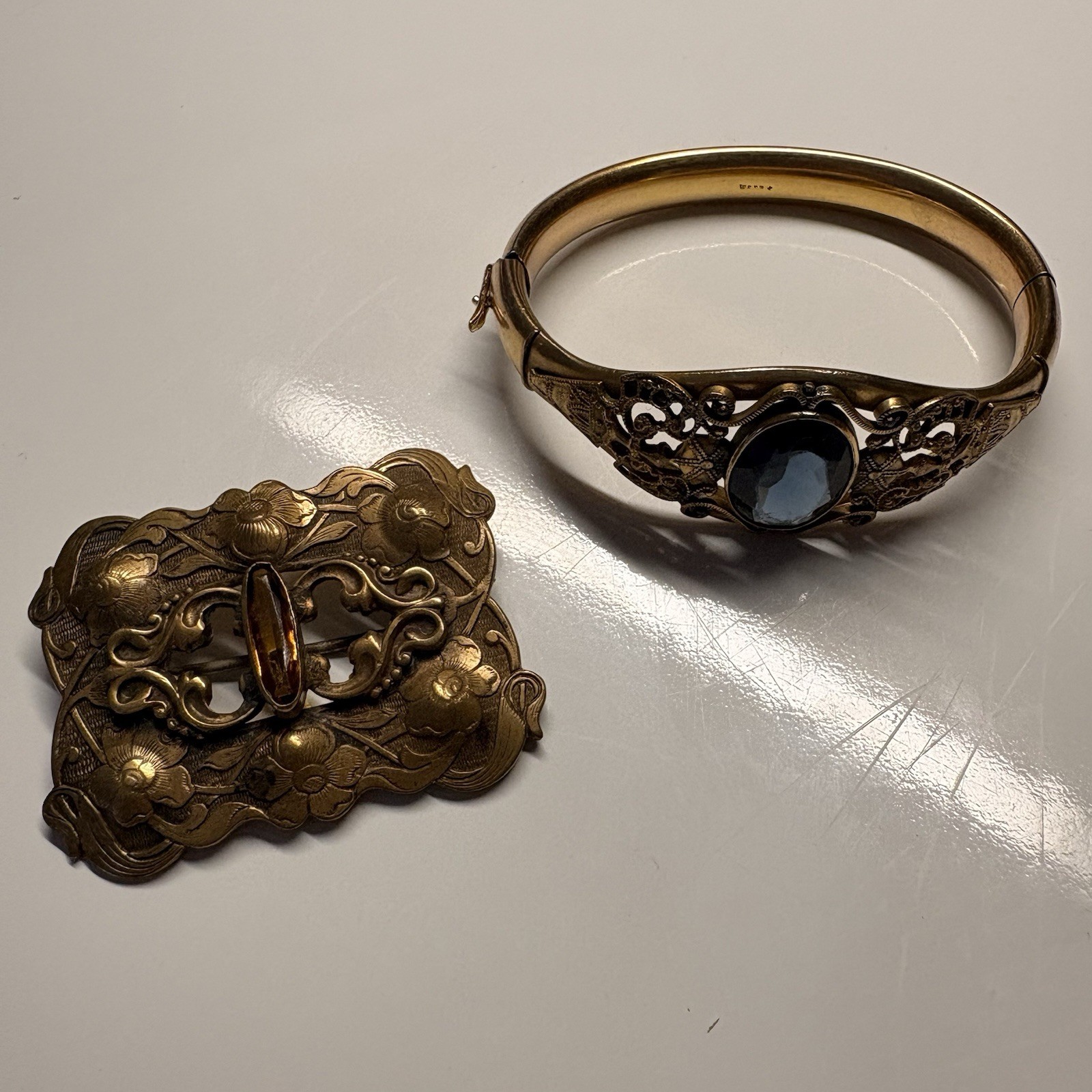 Art Nouveau Brass And Amber Brooch & Gold Plated Bangle￼