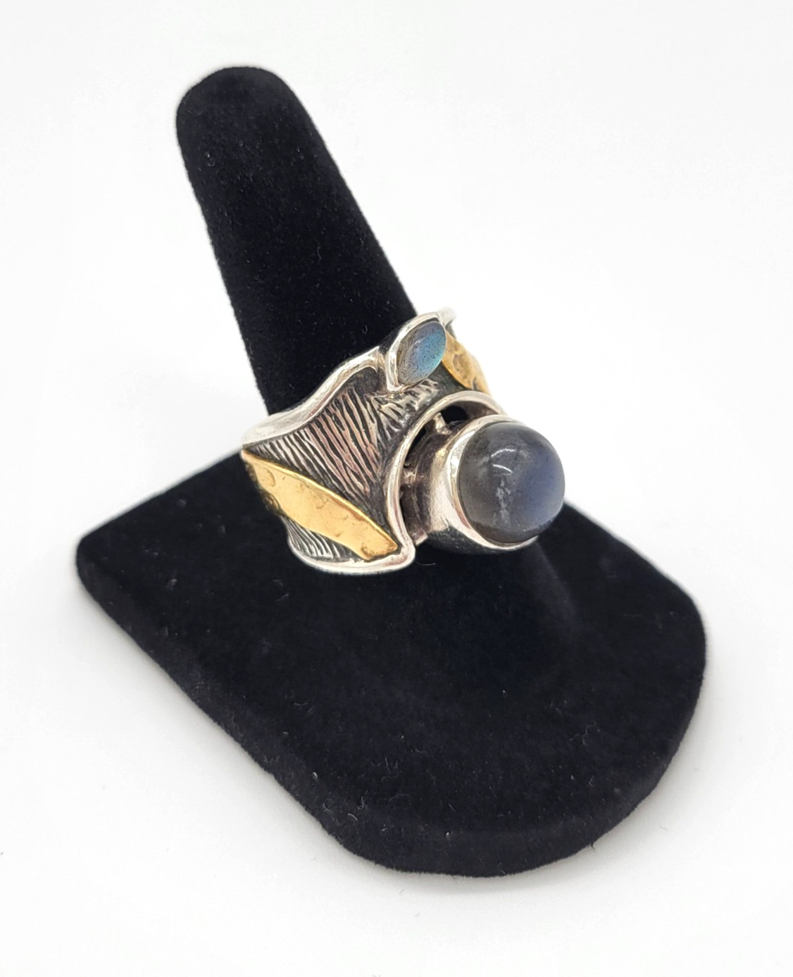 Sterling Silver 925 Moonstone Blue Tourmaline Gold Accent Artisan Ring Sz 7-7.5