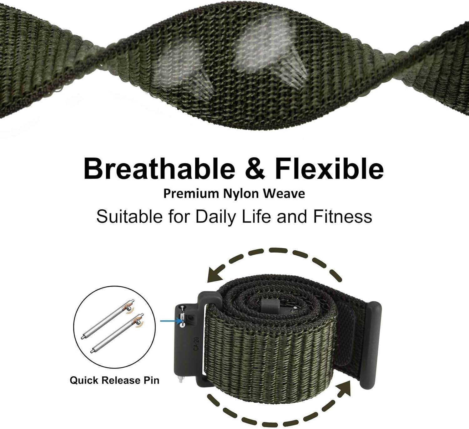 Lightweight 19mm Sport Loop Watch Band in Army Green – Unisex Adjustable Style