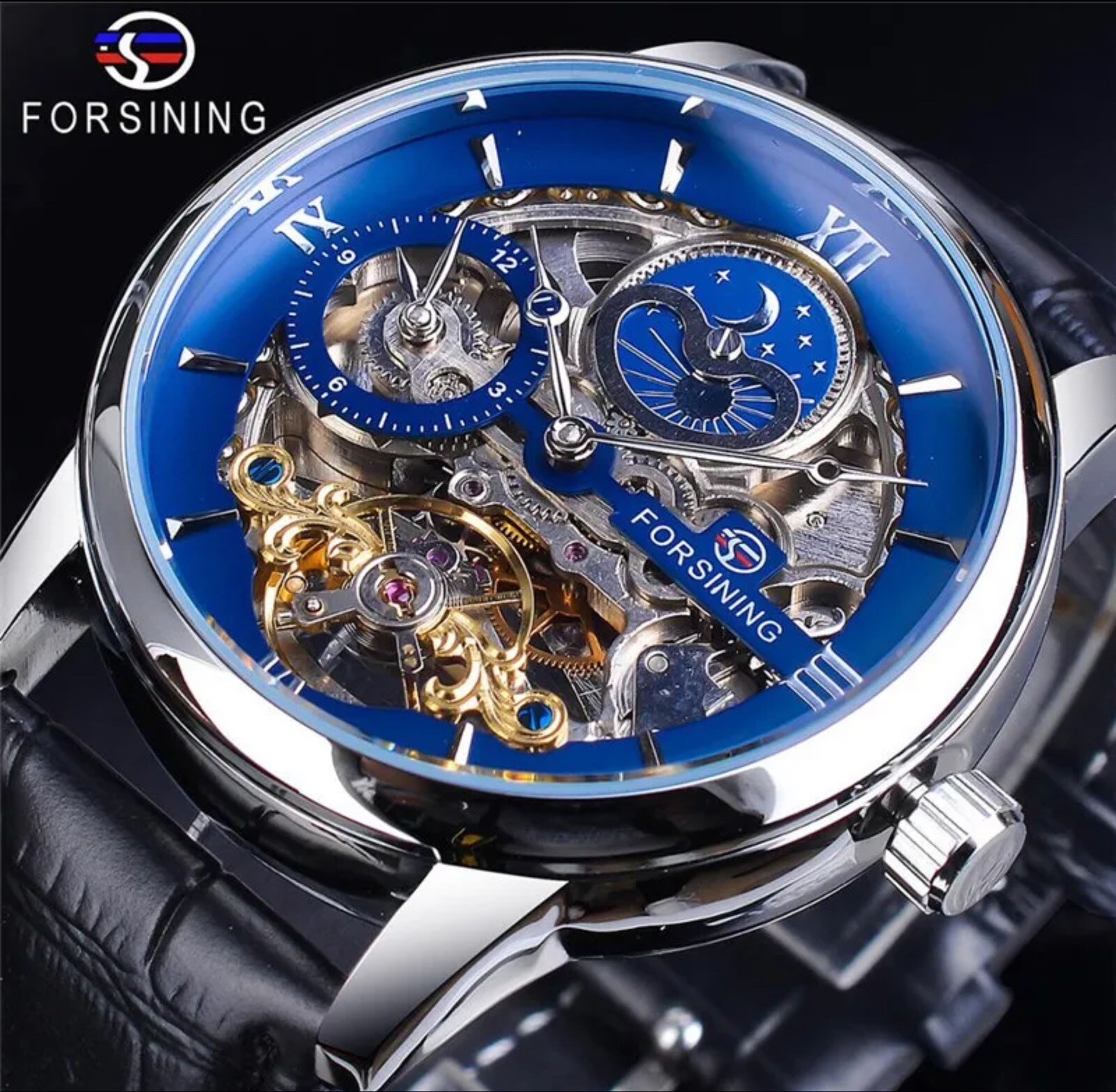 Forsining Skeleton Moon Dial Watch Mens Dual Time Zone Automatic Watch
