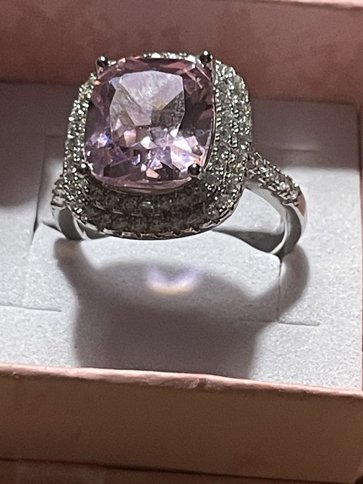 Cushion-Cut Pink Cocktail Ring White Halo Stones on a Silver-toned Pave Set Band