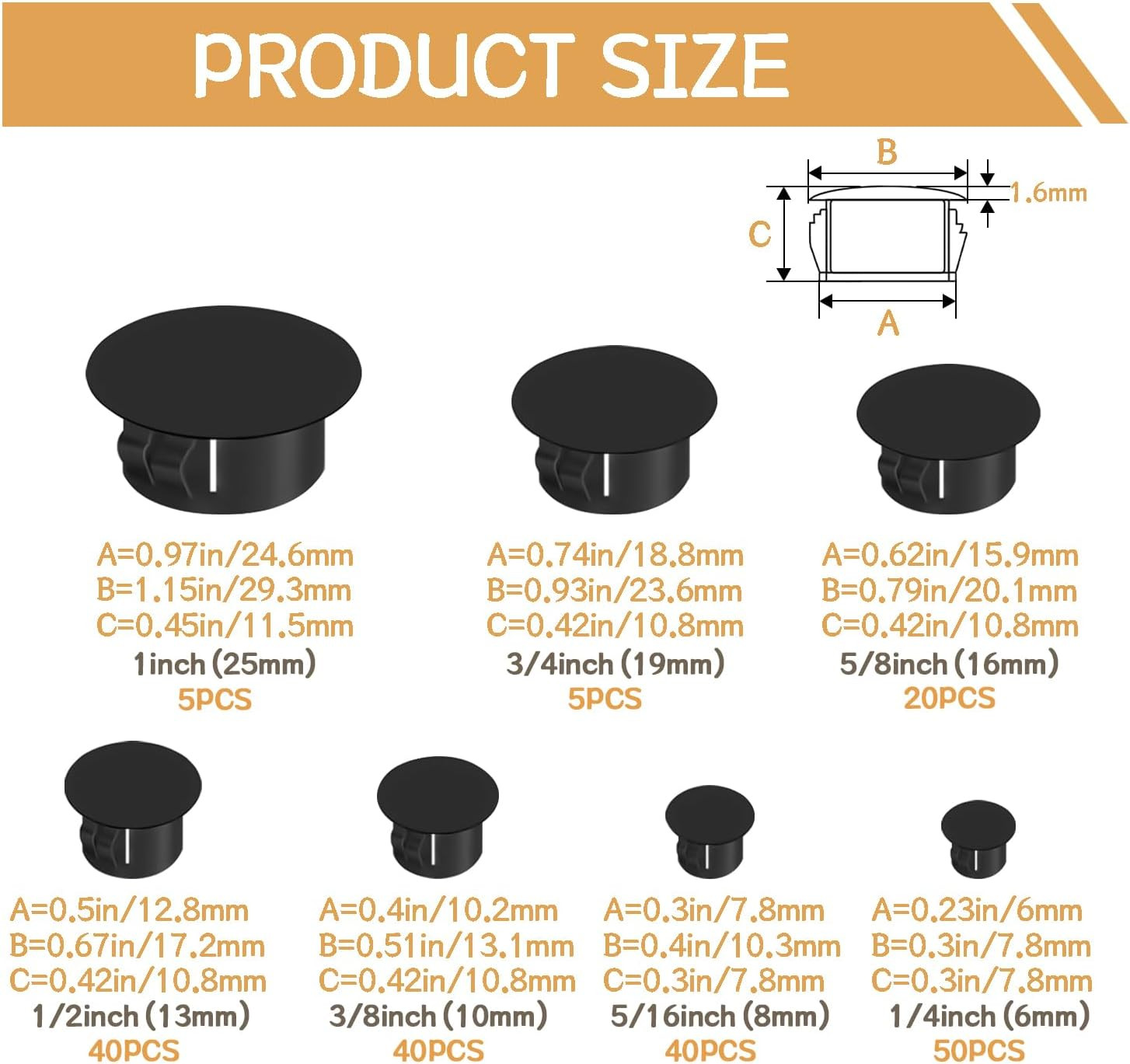 200PCS 7 Sizes Black Hole Plugs Nylon Plastic Plugs for round Holes, 1″ 3/4″ 5/8